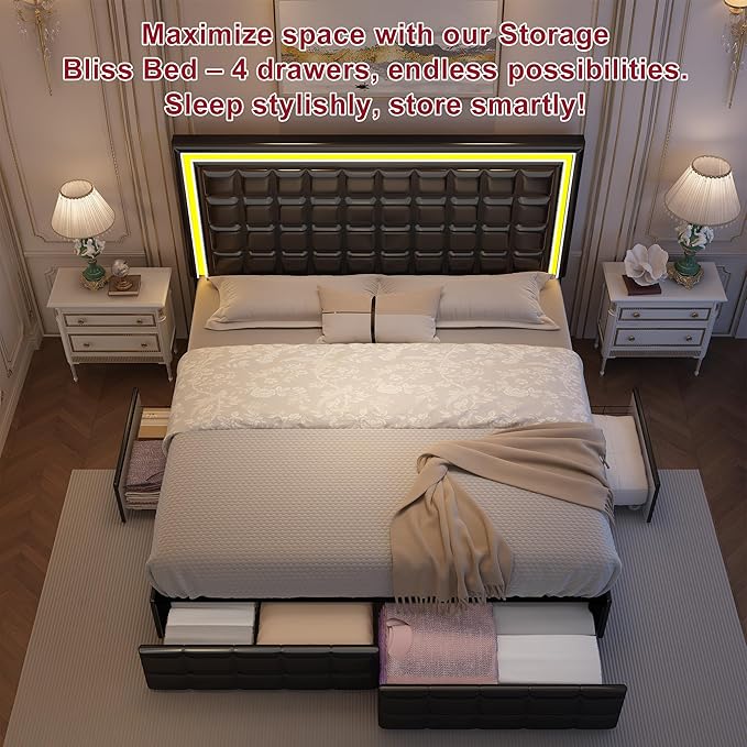 Queen Bed Frame with LED Lights & Storage Drawers, No Box Spring Needed, Heavy Duty 900lbs Weight Capacity, Easy Assembly, Modern Upholstered Platform Bed, PU Black