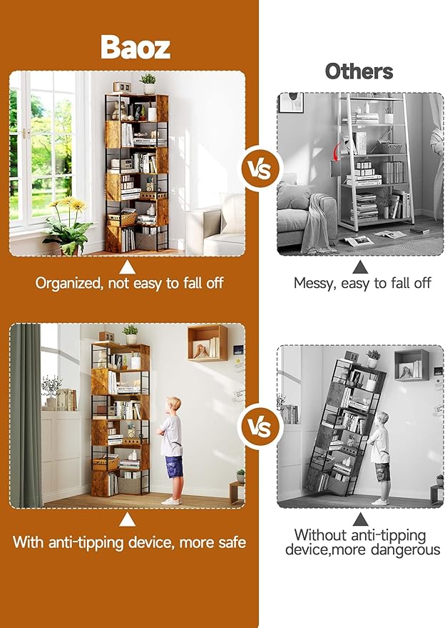 Baoz 7-Tier Corner Shelf- L Shape Corner Bookshelf with Storage- Wood Metal Bookcase Open Floor Stand Shelf Tall Decorative Display Storage Organizer in Living Room/Bedroom/Home/Office (Rustic Brown)