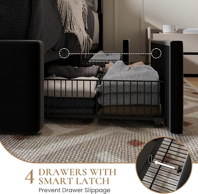 SHA CERLIN Queen Size Platform Bed Frame with 4 Storage Drawers, Velvet Upholstered Headboard, Mattress Foundation with Wooden Slats Support, No Box Spring Needed, Easy Assembly, Black