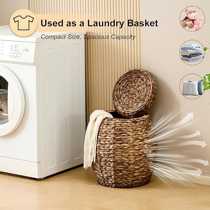 Round Wicker Basket with Lid, Handwoven Water Hyacinth Storage Basket, Blanket Organizer Basket for Laundry, Bathroom, Bedroom, Living Room, Office