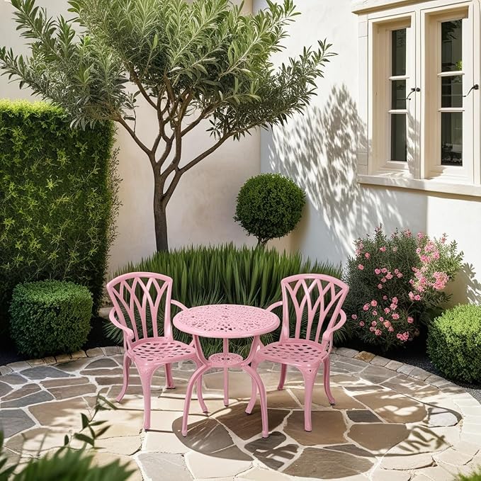 3-Piece Cast Aluminum Patio Bistro Set, Outdoor Rust-Resistant Furniture with 2 Chairs and Table (Pink)