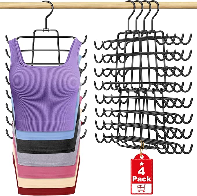 4Pcs Tank Top Hangers Space Saving Hanger Organizer Bra Hangers for Closet Organizer 360° Rotating Metal Closet Organizers and Storage Lingerie Hangers for Cami Bras Belts Swimsuits Lingeries Black