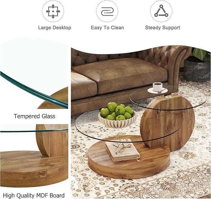 Glass Coffee Table, Modern Round Glass Coffee Table with Wooden Base, 3 Tier Round Coffee Table, Clear Cocktail Table with Storage for Living Room, Office, Balcony, Wood