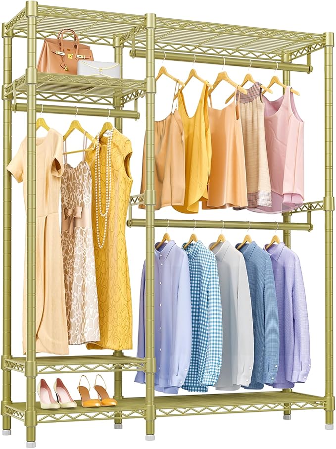 VIPEK V2S Heavy Duty Clothes Rack 4 Tiers Wire Shelving Garment Racks with 3 Hanging Rods Compact Freestanding Closet Metal Closet Rack, Max Load 700LBS, Gold