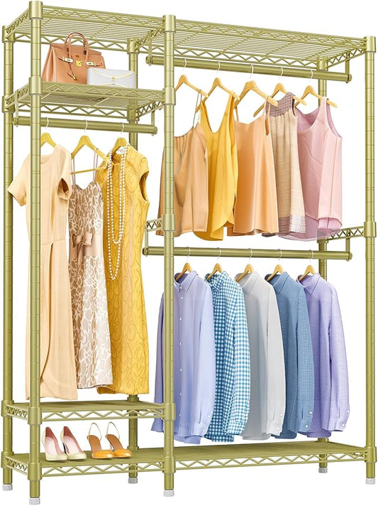 VIPEK V2S Heavy Duty Clothes Rack 4 Tiers Wire Shelving Garment Racks with 3 Hanging Rods Compact Freestanding Closet Metal Closet Rack, Max Load 700LBS, Gold