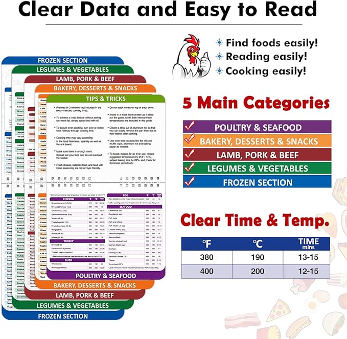 TZARROT Air Fryer Magnetic Cheat Sheet Set, Over 200 Foods Air Fryer Cooking Guide Flip Chart Magnetic, Air Fryer Accessories Cooking Time Charts and Recipe Booklet