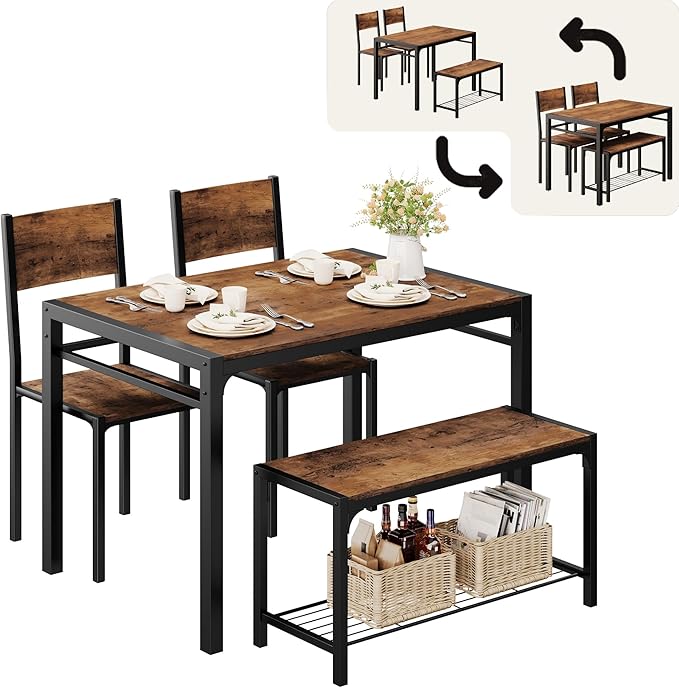 Shahoo Kitchen Table and 2 Chairs for 4 with Bench, 4 Piece Dining Sets for Small Space, Rust Brown