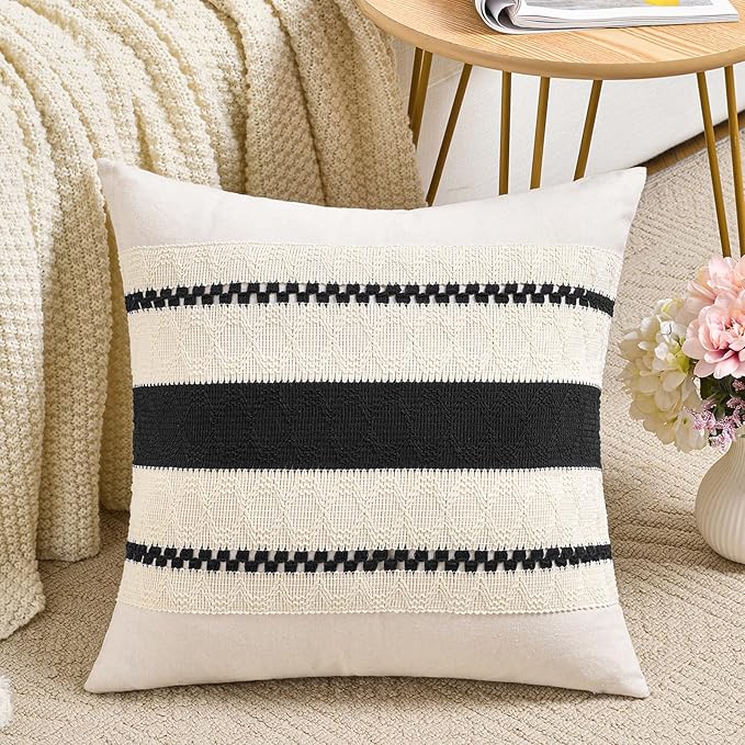 Fancy Homi Set of 2 Boho Black Big Decorative Throw Pillow Cover 24x24 Inch for Couch Bed Bedroom, Aesthetic Modern Organic Farmhouse Room Decor, Soft Cotton Accent Macrame Woven Cushion Case