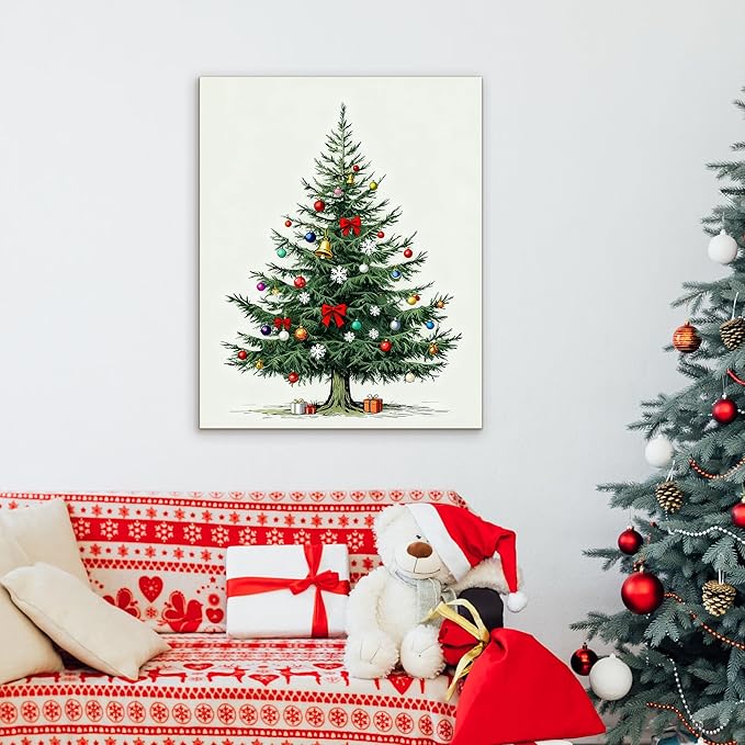Framed Christmas Pictures Wall Decor,Vintage Pine Tree Prints,Winter Christmas Canvas Wall Art Decoration for Bedroom Bathroom Living Room Rustic Xmas Holiday Gifts (Christmas Tree 8, 12'' X 16'')