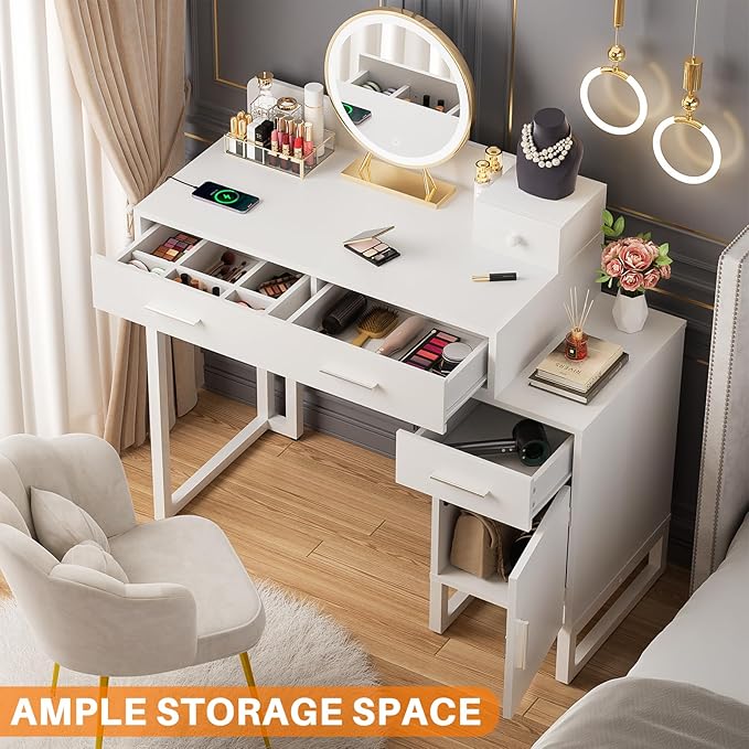 Vanity Desk with 4 Storage Drawers - Modern Makeup Vanity Table with Charging Station, White Vanity Desk with Reversible Cabinet Dressing Table Set with Divided Organizers for Women Girls, White
