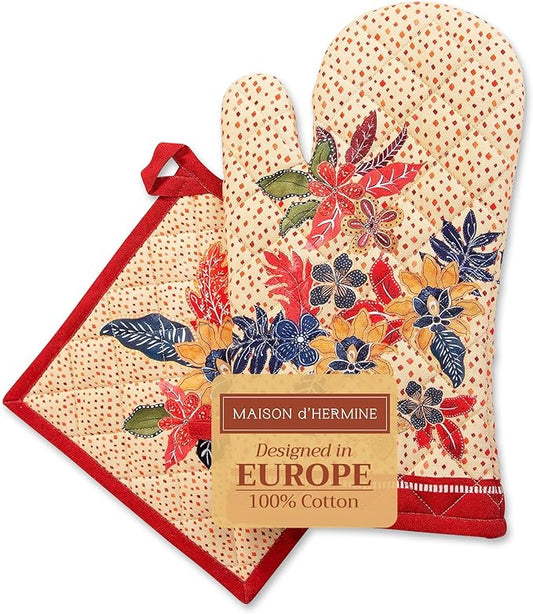 Maison d' Hermine 100% Cotton Oven Mitt & Pot Holder Set (7.5"x13" & 8"x8") Heat Resistant BBQ Cooking Gloves with Loop for Thanksgiving Christmas Decorations Handling Hot Pans (Kalahari)