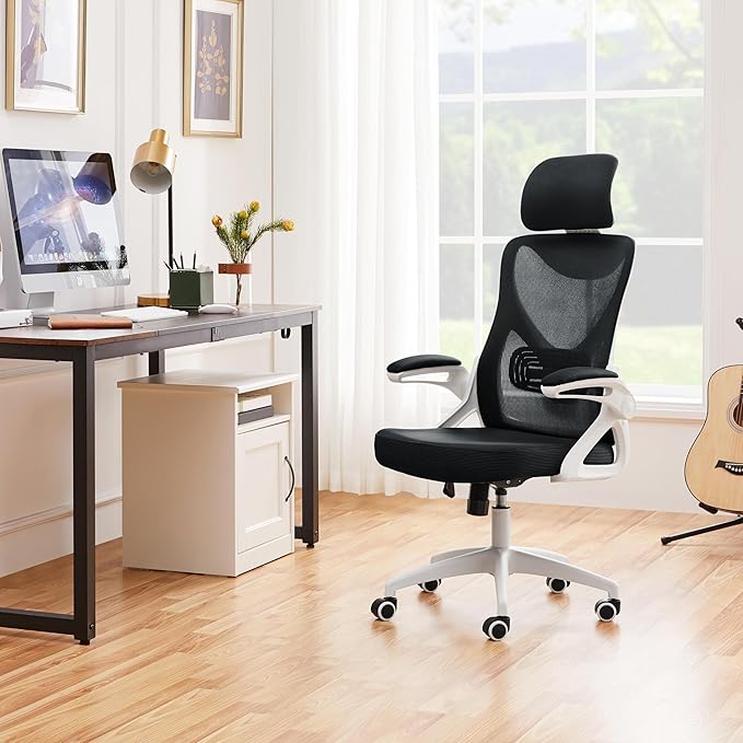 Yaheetech Ergonomic Mesh Office Chair, High Back Desk Chair with with flip-up Armrests, Adjustable Padded Headrest Computer Chair with Lumbar Support for Home Oiffce Game Room, White/Black