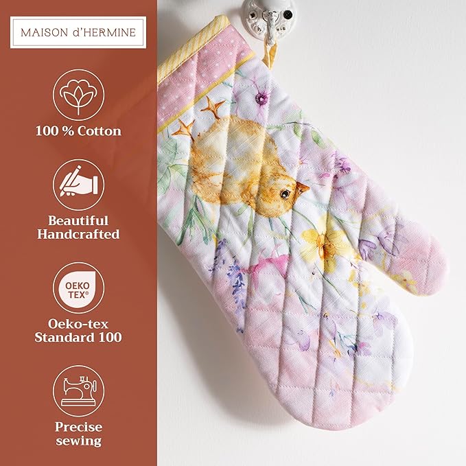 Maison d' Hermine Oven Gloves 100% Cotton Oven Mitt 7" x 13" with Loop Heat Resistant, BBQ, Cooking Gloves, Baking, Grilling, Kitchen, Handling Hot Pans Spring/Summer (Pack of 1, Easter Zest)