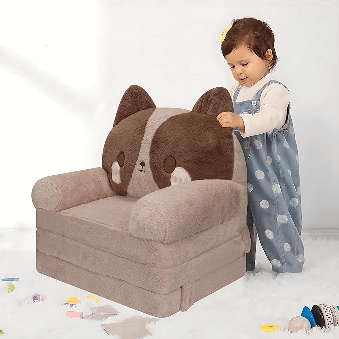 MONKISS Kids Couch, Comfy Toddler Chair, 2 in 1 Fold Out Kids Sofa to Lounger, Baby Sleeper Chair, Toddler Furniture, Birthday Gifts for Boys and Girls, 1~4 Years Old, Cute Dog