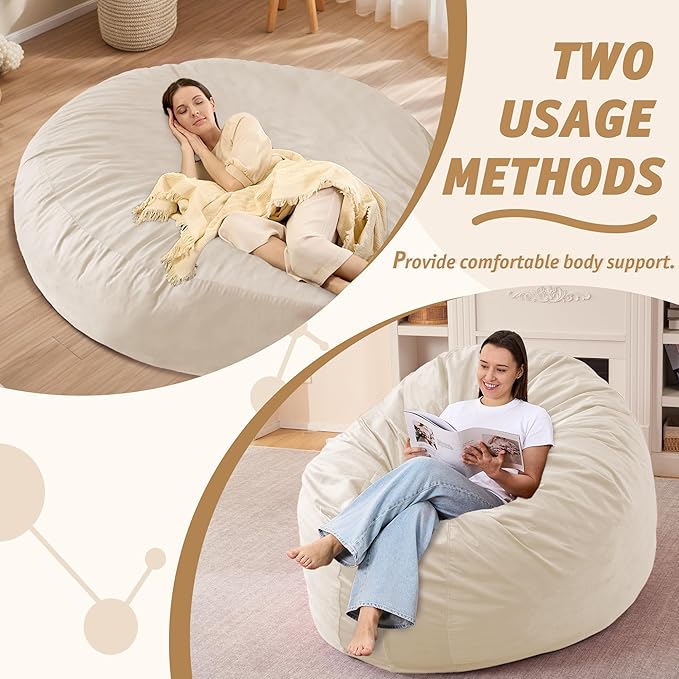 7FT Bean Bag Chair with Ultra Soft Velvet Cover Bean Bag Sofa with Memory Foam Bean Bag Chairs with Large Size Lazy Sofa for Dorm Office Living Room Bedroom Beige 7'