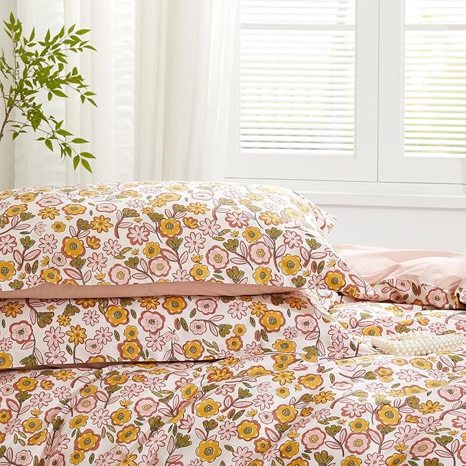 SAPHREAS Yellow Sunflower Floral Duvet Cover Set Full Size 3pcs Garden Style Bedding Comforter Cover Set 100% Cotton 1 Duvet Cover 90"x80" 2 Pillow Shams, Comforter Not Included