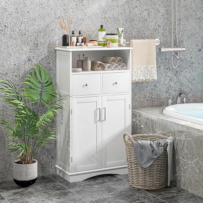 Tangkula Bathroom Cabinet, Freestanding Storage Organizer w/2 Drawers & 2 Doors, 3-Position Adjustable Shelves, Anti-Toppling Design, Floor Cabinet for Bathroom (White, 2 Drawers & Cabinet)