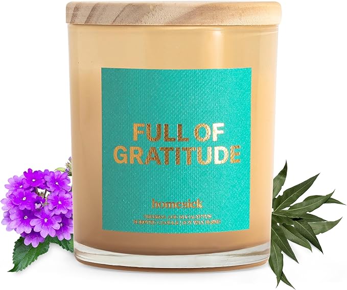 Homesick Scented Candles for Home (Full of Gratitude) - 7.5 oz Long-Lasting Natural Soy Wax Blend Jar Candle Gift for Women & Men, 30-35 Hours Burn Time - Notes of Lemongrass & Gardenia