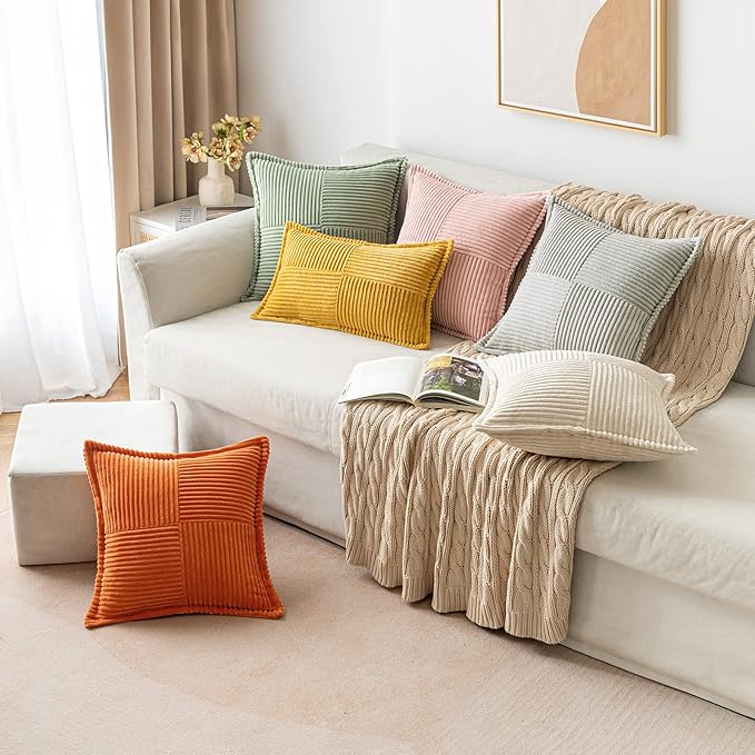 MIULEE Decorative Lumbar Throw Pillow Covers for Couch Bed Livingroom 12x20 Inch Set of 2 Fall Mustard Yellow Boho Accent Throw Pllows Broadside Striped Patchwork Soft Corduroy Pillowcases