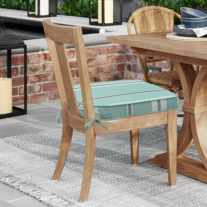 Round Corner Seat Cushions, 17" x 16" x 2", Set of 4, Indoor Outdoor Water Repellent Universal Chair Pads with Ties for Patio Furniture, Garden Deck Dining Chairs, Aqua Stripe