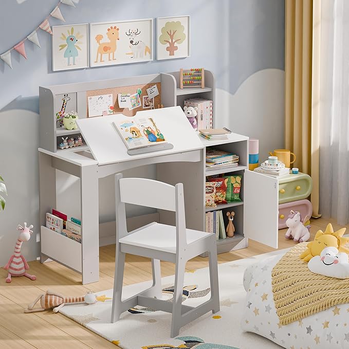 Kids Study Desk with Chair and Tiltable Desktop, Kids Stud Des and Chair Set with Hutch&Storage Cabinet, Wooden Children Study Table for 5-12 Years Old, Student Writing Desk for Bedroom (Grey)