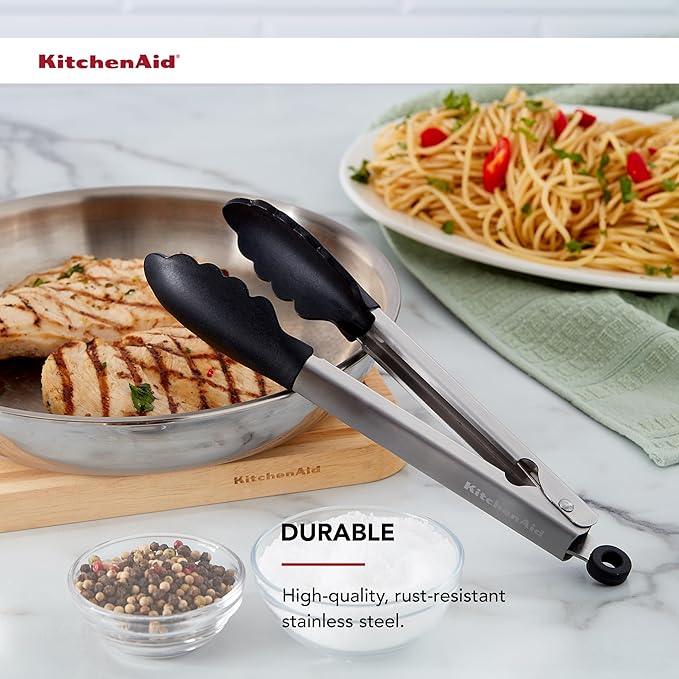 KitchenAid Silicone Tipped Stainless Steel Tongs, 9 Inch, Black