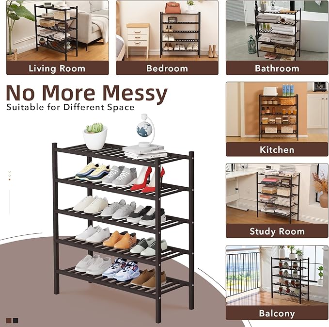 5 Tier Bamboo Shoe Rack Storage Organizer for Closet, Multifunctional Stackable Free Standing Shoe Shelf Organizer for Small Space,Entryway, Hallway, Bathroom27 x11 x32 (Brown, 5 Tier)