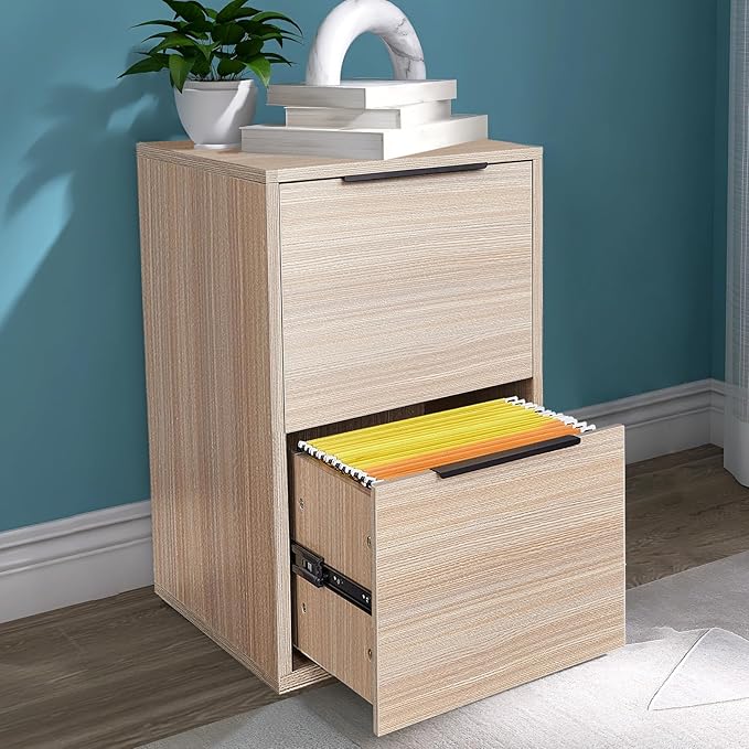 Wood File Cabinet 2 Drawer, Wooden File Cabinets with Hanging Bars for Letter Size, Samll Filing Cabinets for Home Office, Beige