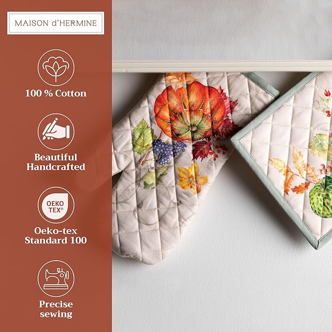 Maison d' Hermine 100% Cotton Oven Mitt & Pot Holder Set (7.5"x13" & 8"x8") Heat Resistant BBQ Cooking Gloves with Loop for Thanksgiving Christmas Decorations Handling Hot Pans (Lumina)