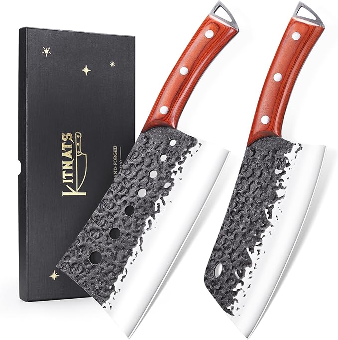 Meat Cleaver Knife Set, 2PCS Hand Forged Japanese Butcher Knife Set for Meat Cutting, Viking, Boning. Serbian Chef Knives & Sharp Kitchen Vegetable Knives for Home, Outdoor Cooking, BBQ Gift.