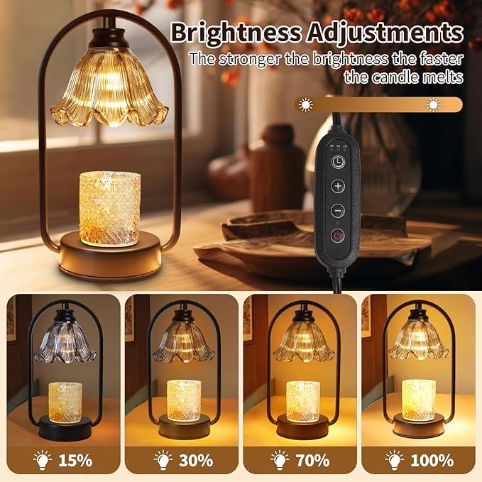 Candle Warmer Lamp with Timer: Black Metal Frame and 4 Dimmer, Heater Wax Warmer for Jar Scented, Home Décor and Housewarming & Birthday Gift for Mom Woman, 2 Bulbs (Crystal Flower & Gray)