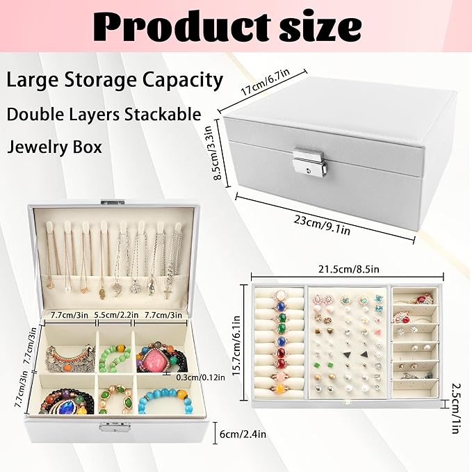 Homeanda Jewelry box 2 layer Jewelry box Leather Jewelry boxes for Women Girls Teens Jewelry organizer box Jewelry Storage box with lock(White)