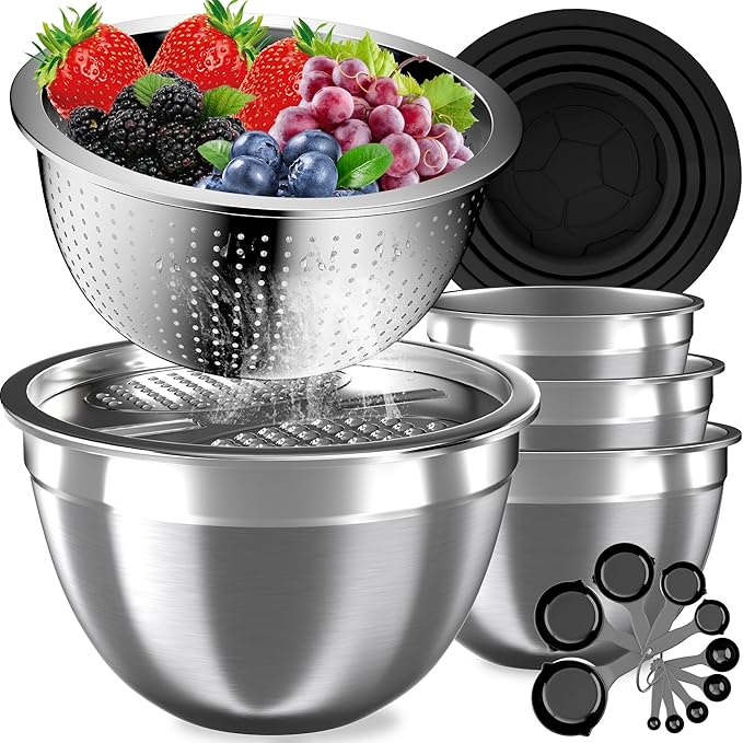 Mixing Bowls with Lids Set, 16PCS Stainless Steel Mixing Bowls,Nesting Storage Bowls for Kitchen with Mixing Bowl, Colander, Strainer & Grater, Metal Salad Bowl for Kitchen Gadgets, Black