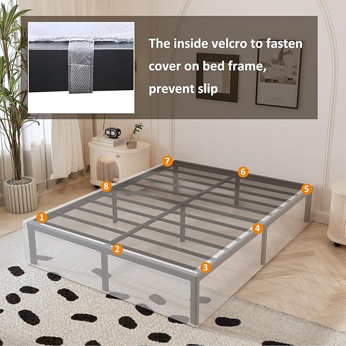 14 Inch Full Bed Frame with White Fabric Cover, Heavy Duty Metal Bed Frame Full, No Box Spring Needed, Support Up to 3000 lbs, Easy Assembly, Noise Free, Black