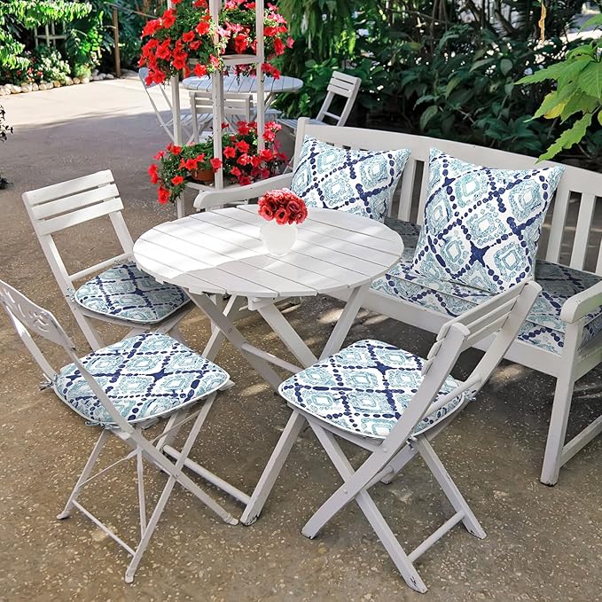 Set of 4 Outdoor Chair Cushions with Ties,Water Repellent Patio Chair Pads 17"x 16" for Outdoor Furniture,Round Corner Seat Cushions for Garden Yard Kitchen Boho Geometry Blue