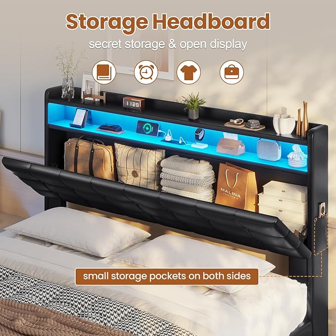 ADORNEVE Lift Up Storage Full Size Bed Frame with Type-C Charging Station& Hidden Storage Headboard, LED Lights Upholstered Platform Bed,Full Bed with Hydraulic, No Box Spring Needed,Black