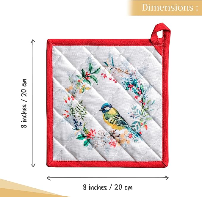 Maison d' Hermine Pot Holders Set 100% Cotton Heat Resistant Potholders 8" x 8" Hot Pads with Loop for Thanksgiving Christmas Decorations BBQ Cooking Baking Handling Hot Pans (Pack of 2, Morzine)