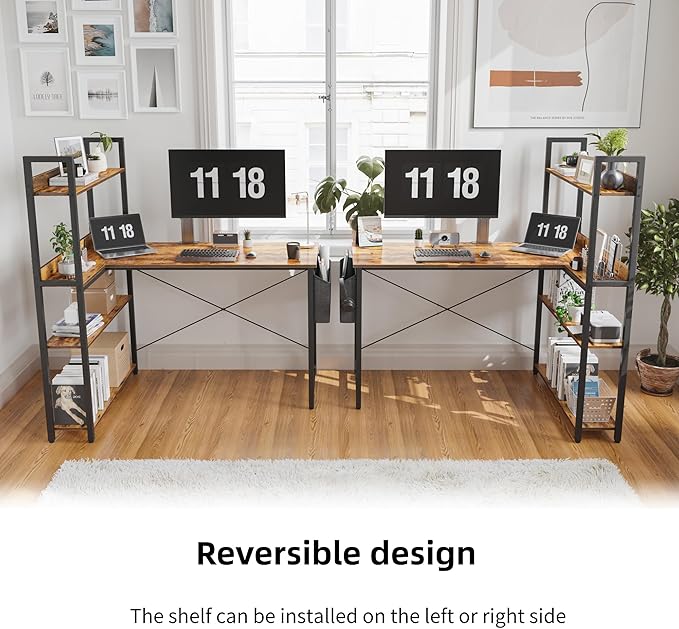 Treesland 55 Inch Computer Desk with Storage Shelves, L Shaped Desk with Storage, Corner Desk with Shelves, Home Office Desks, Bookshelf Desk, Writing Study Desk for Bedroom, Brown