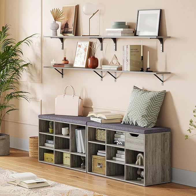 DINZI LVJ Shoe Bench, 9 Cubbies Shoe Organizer for Entryway, Storage Bench with Cushion, Cubby Shoe Rack with Adjustable Shelves for Living Room, Bedroom, Mudroom, Hallway, Gray Wash