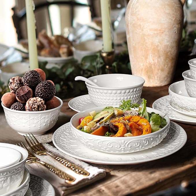 Small Ceramic Bowls - 14 Oz Ice Cream Bowls Set of 4, White Embossment Dessert Bowl for Kitchen, Soup, Side Dishes, Oatmeal, Rice, 4.75 Inch Microwave Oven Safe(Multiple Patterns)