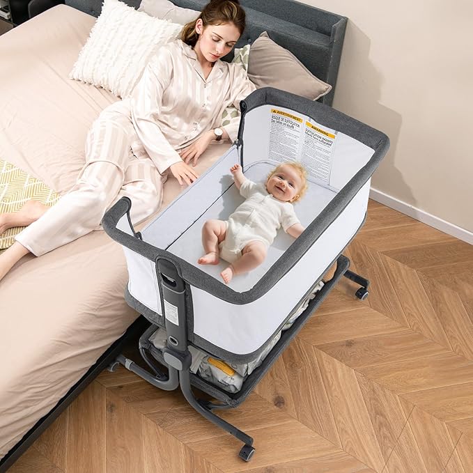 INFANS 3 in 1 Baby Bassinet, Bedside Sleeper with Comfy Mattress, Wheels, 6 Height Adjustable, Storage Basket, Travel Bag, Portable All Mesh Crib for Newborn Infant (Dark Grey)