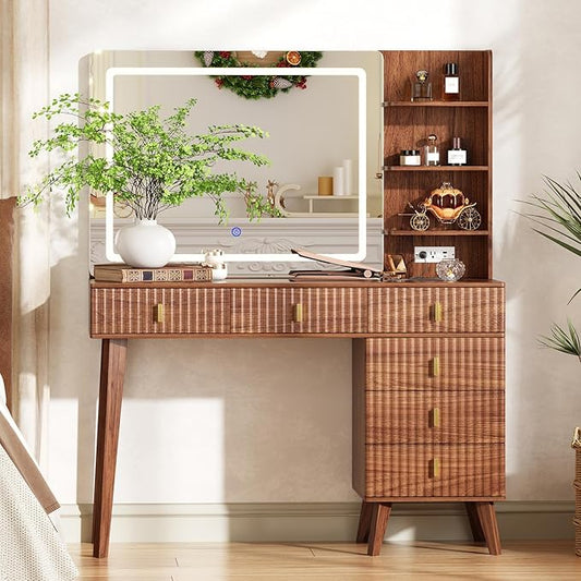 Large Makeup Vanity Desk with Mirror and Lights, Vanity Desk with 6 Drawers & Storage Shelves, Vanity Table with Power Outlet, 3 Color Modes & Adjustable Brightness Dressing Table, Bedroom,Walnut1
