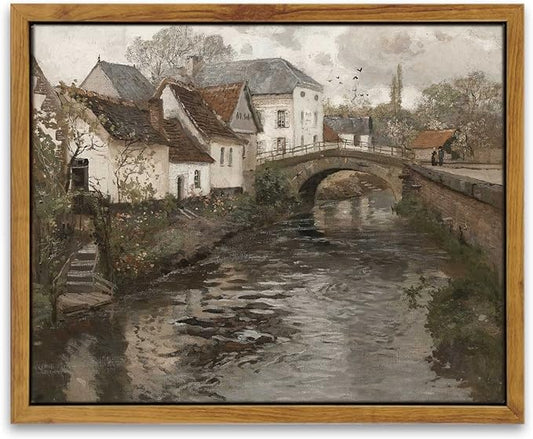 InSimSea Framed Canvas Wall Art Vintage Decor, Room Decor Vintage Scenery Office Home Bathroom Decor Wall Art, Classical Oil Painting Small town near La Panne Canvas Prints, 8"x10"