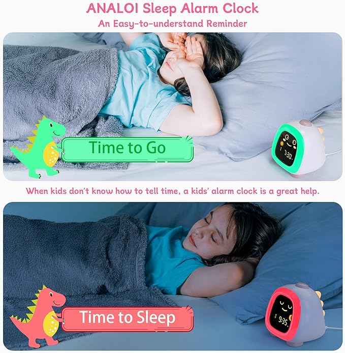 Cute Kids Clock, Night Light for Kids with Snooze Mode Sleep Timer Dual Alarm Sleep Training 3 Brightness 10 Color Night Light Adjustable Volume Memory Battery, Ok to Wake Clock for Kids