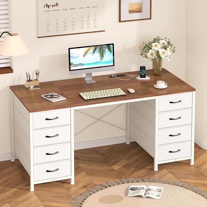 50 Inch Computer Desk with 8 Drawers, Home Office Desk with Power Outlets, Work Study Gaming Desk with 8 Fabric Drawers, Brown and White