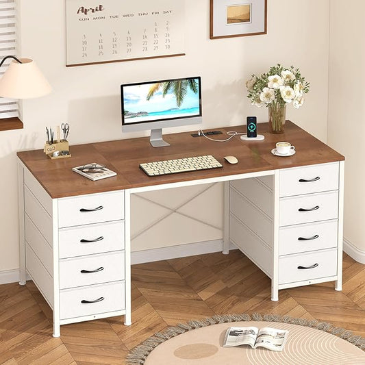 50 Inch Computer Desk with 8 Drawers, Home Office Desk with Power Outlets, Work Study Gaming Desk with 8 Fabric Drawers, Brown and White