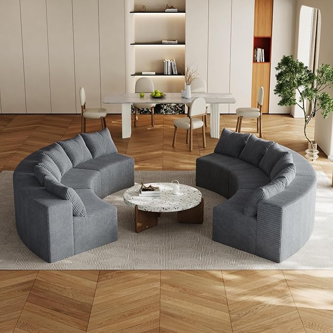KEIKI 6 Seater Corduroy Curved Sectional Sofa, Symmetrical Modular Semi Circular Couch, Deep Seat Tufted Corner Sofa for Living Room, Lobby, Gray