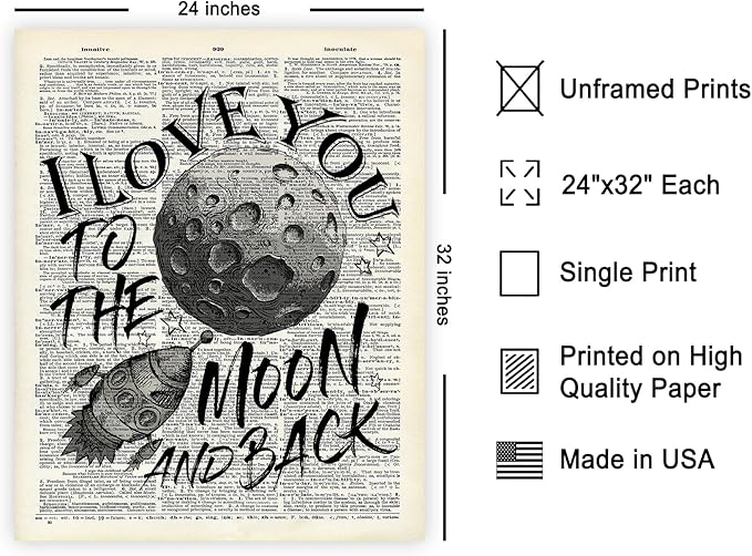 Poster Master Dictionary Art Poster - I Love You To The Moon and Back Print - Motivational Art - Gift for Him, Her & Lovers - Romantic Decor for Dorm, Bedroom or Living Room, 24x32 Unframed Wall Art