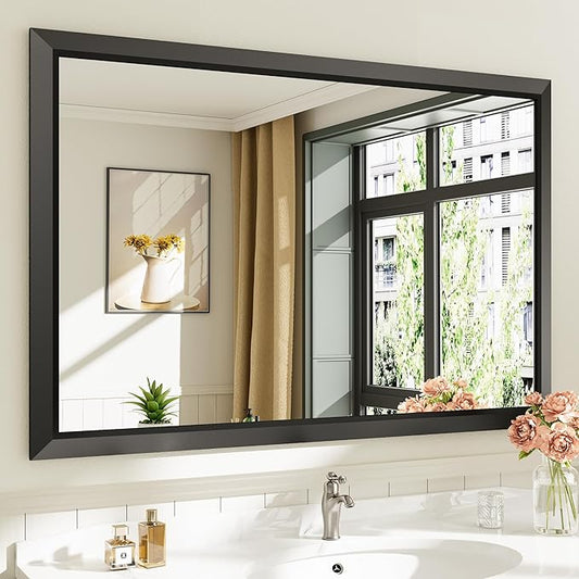 48x32 Inch Black Bathroom Mirror for Wall, Thick Metal Framed Rectangle Mirrors for Over Sink, Bedroom, Living Room, Entryway, Anti-Rust, HD Tempered Glass