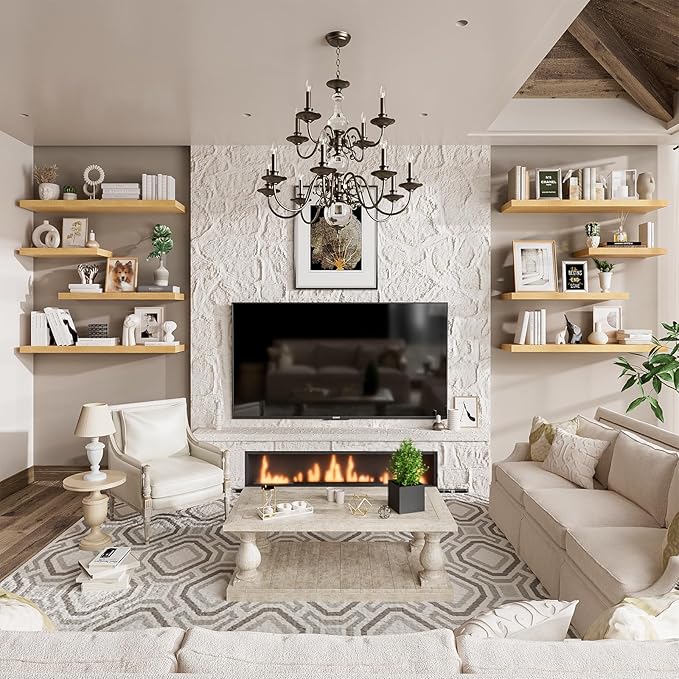 Heimlove 48W x 12D Long Floating Shelf, 12 Inch Deep Floating Shelves for Wall Set of 2, Wood Shelves for Bedroom Living Room Bathroom Kitchen Home Office, Wall Shelves with Heavy Duty Bracket, Oak